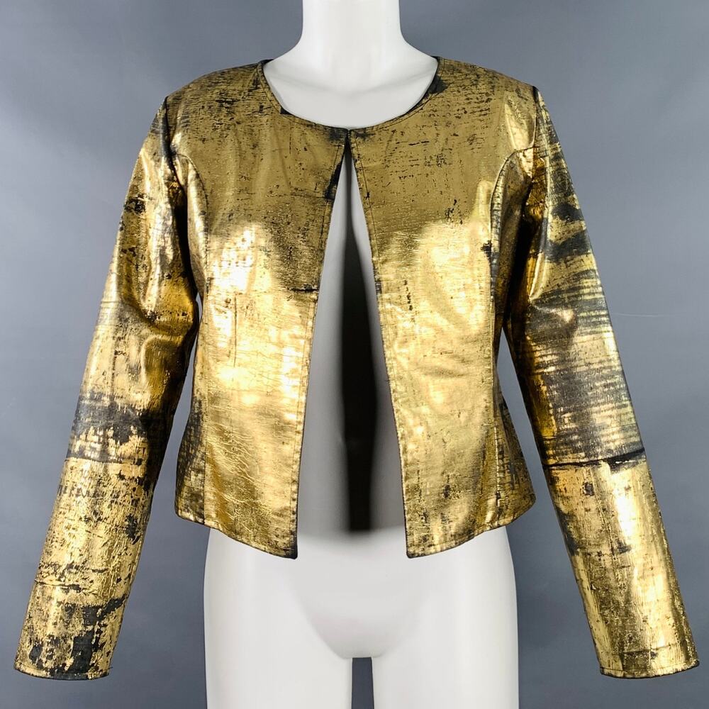 LAURA LAURENS Size M Gold Black Cotton Blend Faux Leather Jacket Blazer
